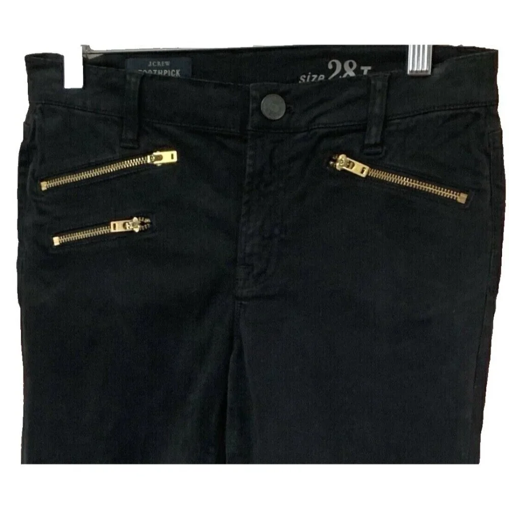 J Crew Toothpick Denim Women's 28 Black Moto Jeans Ankle Zip 30x28.5